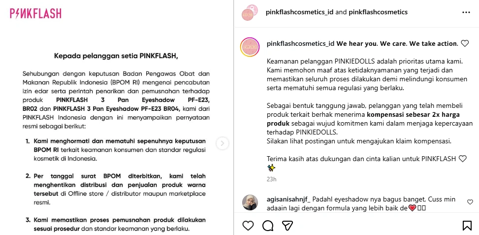 Pertanggung jawaban Pinkflash  [instagram.com/pinkflashcosmetics]